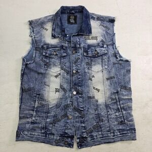Jewel House AOP Logo Jean Jacket Distressed Wash‎ Denim Button Vest Men's XL